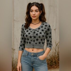 Material Girl Gray and Blue Cropped Cardigan with 3/4 Length Sleeves